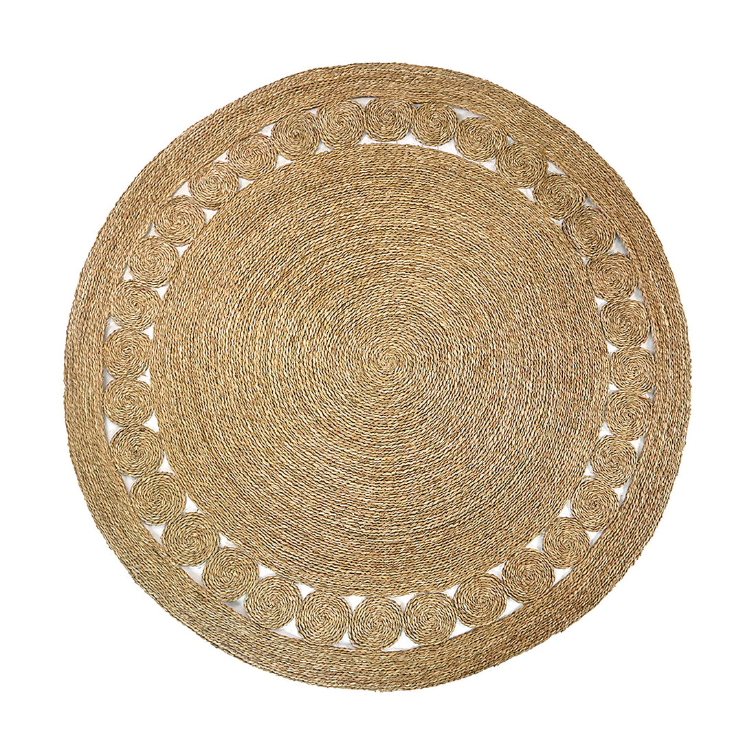 Ophelia 180cm Round Textured Seagrass Indoor Rug in Natural, featuring woven concentric spirals with a decorative outer edge of smaller spiral coils, perfect for rustic or bohemian décor.