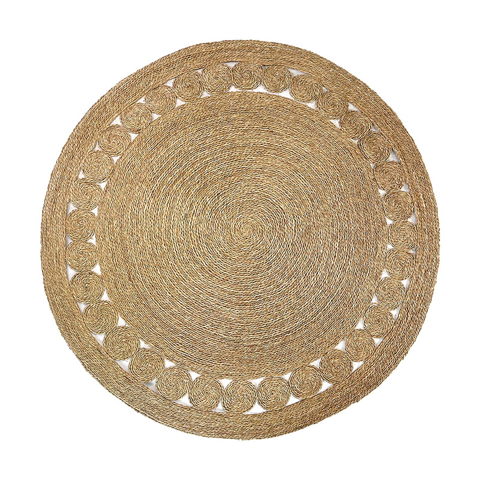 Ophelia 180cm Round Textured Seagrass Indoor Rug in Natural, featuring woven concentric spirals with a decorative outer edge of smaller spiral coils, perfect for rustic or bohemian décor.