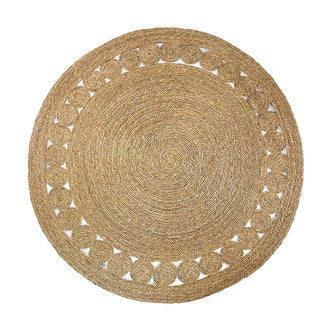 Ophelia 180cm Round Textured Seagrass Indoor Rug in Natural, featuring woven concentric spirals with a decorative outer edge of smaller spiral coils, perfect for rustic or bohemian décor.