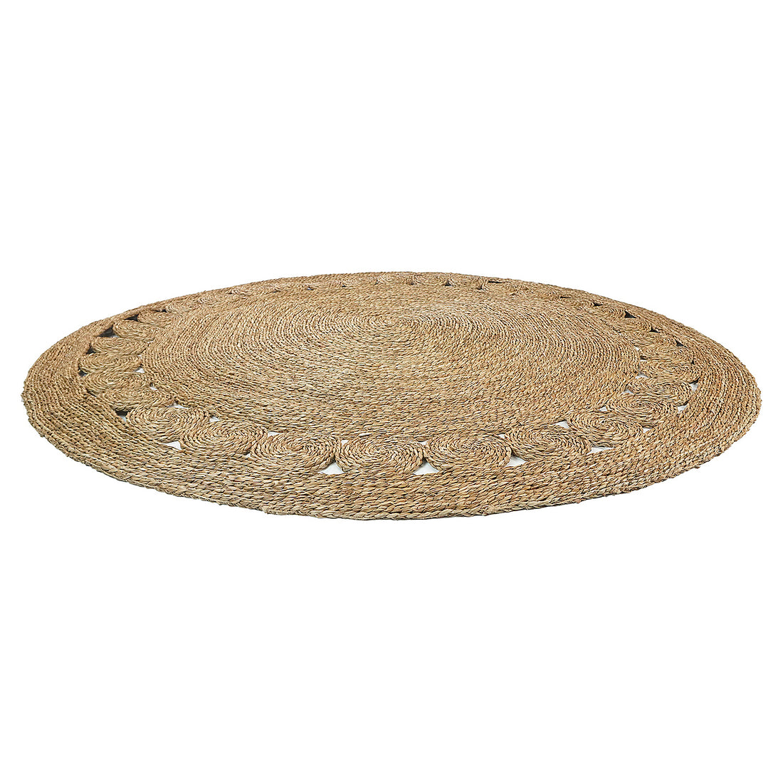 Ophelia 180cm Round Textured Seagrass Indoor Rug in Natural, featuring a flat-woven design with braided concentric circles and a decorative loop-style border, crafted from natural fibers for a stylish, understated look.