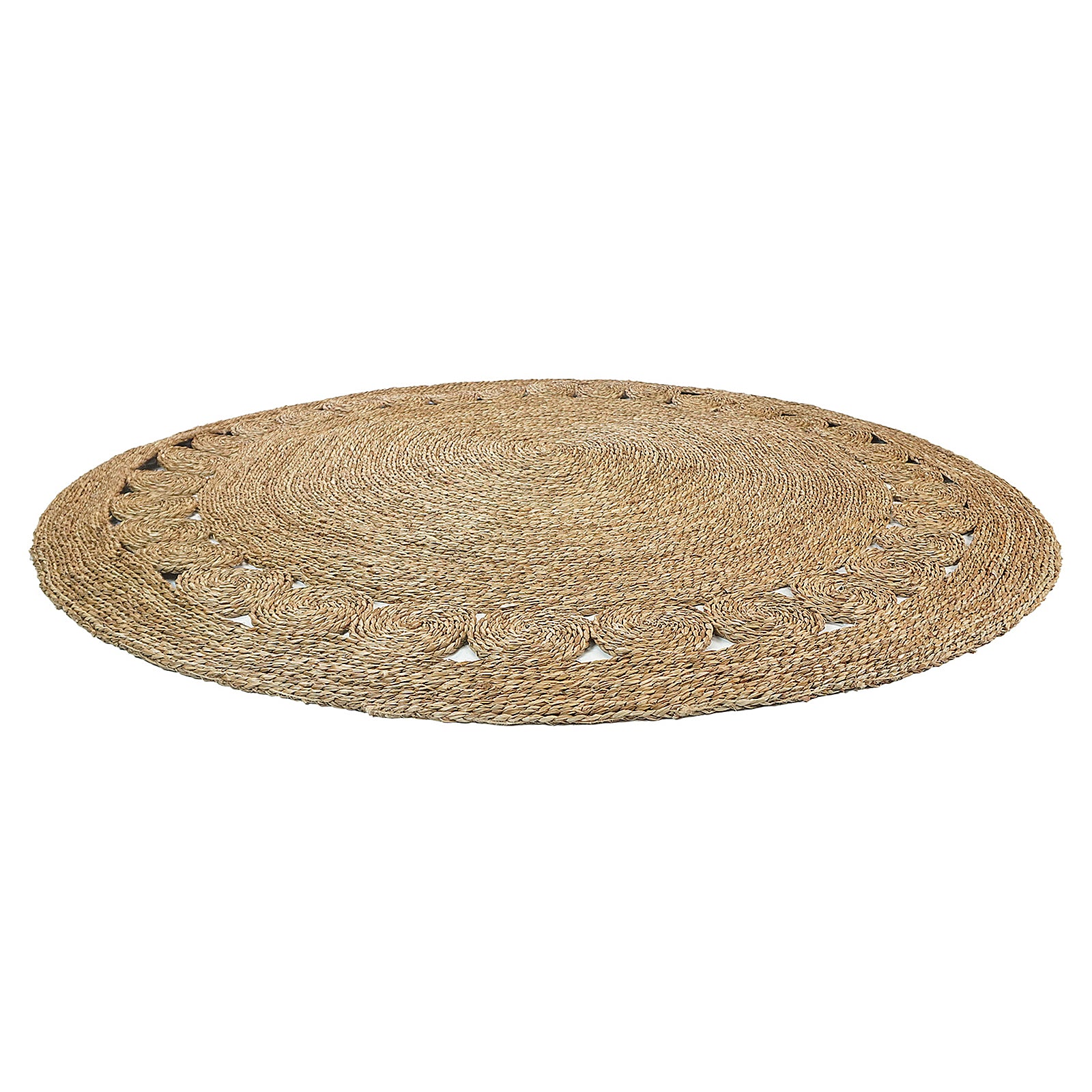 Ophelia 180cm Round Textured Seagrass Indoor Rug in Natural, featuring a flat-woven design with braided concentric circles and a decorative loop-style border, crafted from natural fibers for a stylish, understated look.