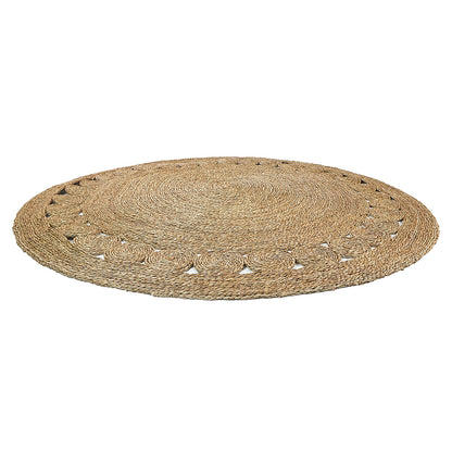 Ophelia 180cm Round Textured Seagrass Indoor Rug in Natural, featuring a flat-woven design with braided concentric circles and a decorative loop-style border, crafted from natural fibers for a stylish, understated look.