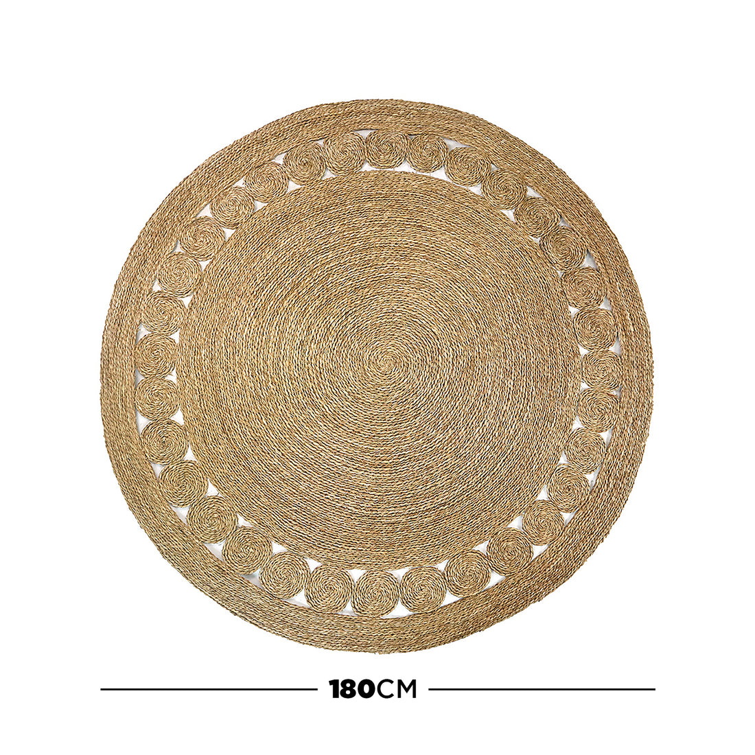 Ophelia 180cm Round Textured Seagrass Indoor Rug in Natural, featuring a large braided design with a decorative spiral-weave border, crafted from natural fibers, perfect for enhancing living spaces.
