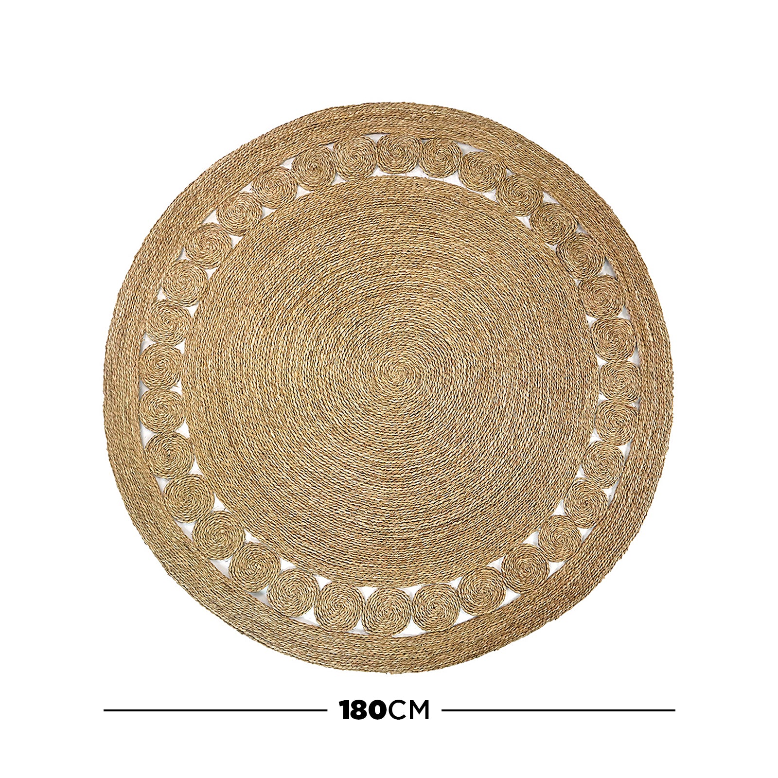 Ophelia 180cm Round Textured Seagrass Indoor Rug in Natural, featuring a large braided design with a decorative spiral-weave border, crafted from natural fibers, perfect for enhancing living spaces.