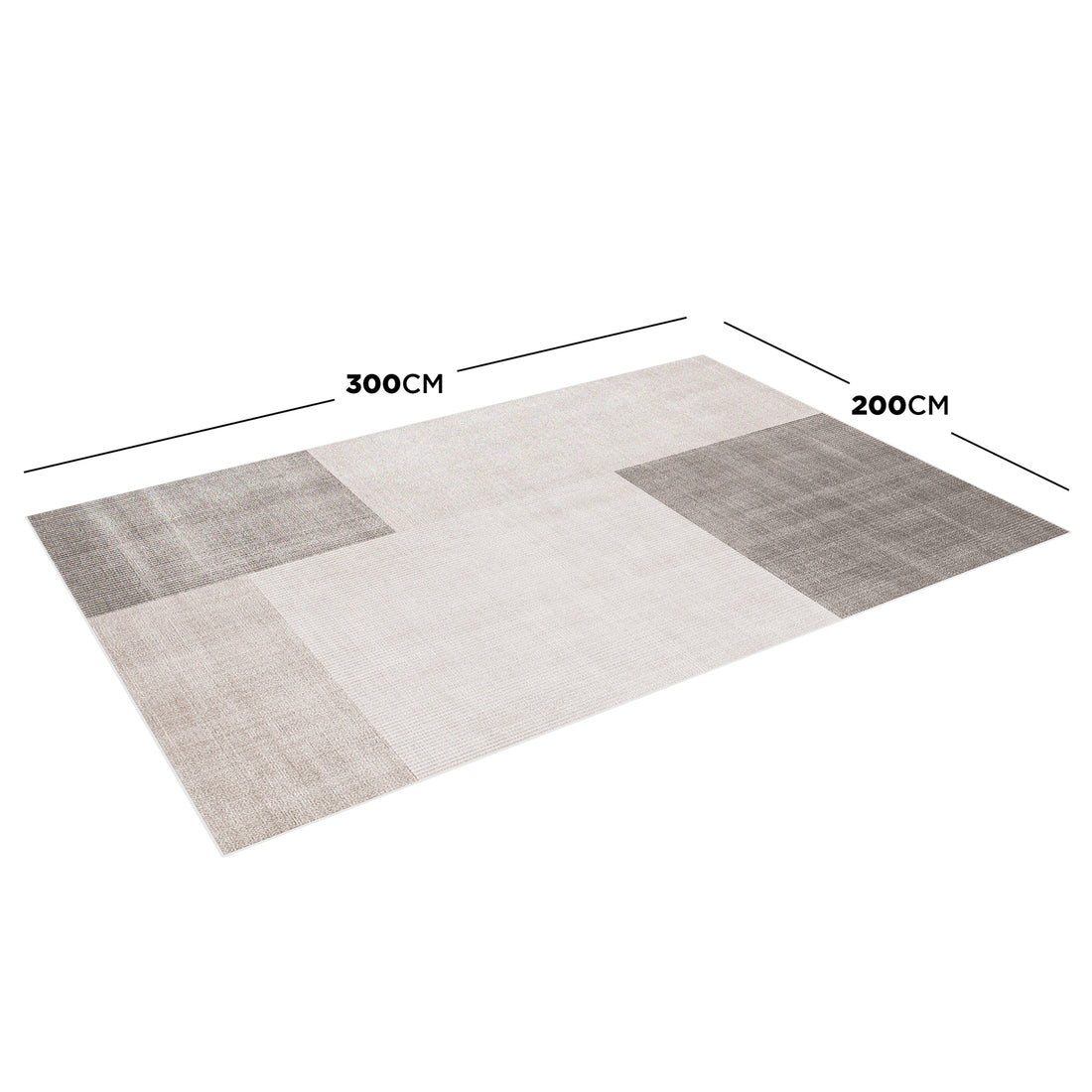 Orsa 200x300cm Small Contemporary Indoor Floor Rug in patchwork style with large neutral-toned blocks, featuring anti-slip backing, laying flat showing dimensions of 300cm by 200cm.