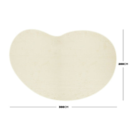 Parna 200x300cm Curved Large Shag Rug in Beige, featuring an abstract, kidney-bean shape, soft off-white hue, and plush texture. Scale labels indicate measurements along edges.
