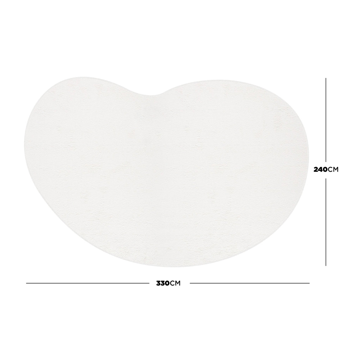 Parna Curved 240x330cm Large Shag Rug in Cream White, bean-shaped with a plush texture, shown flat with dimensions 330cm wide by 240cm high on a white background.