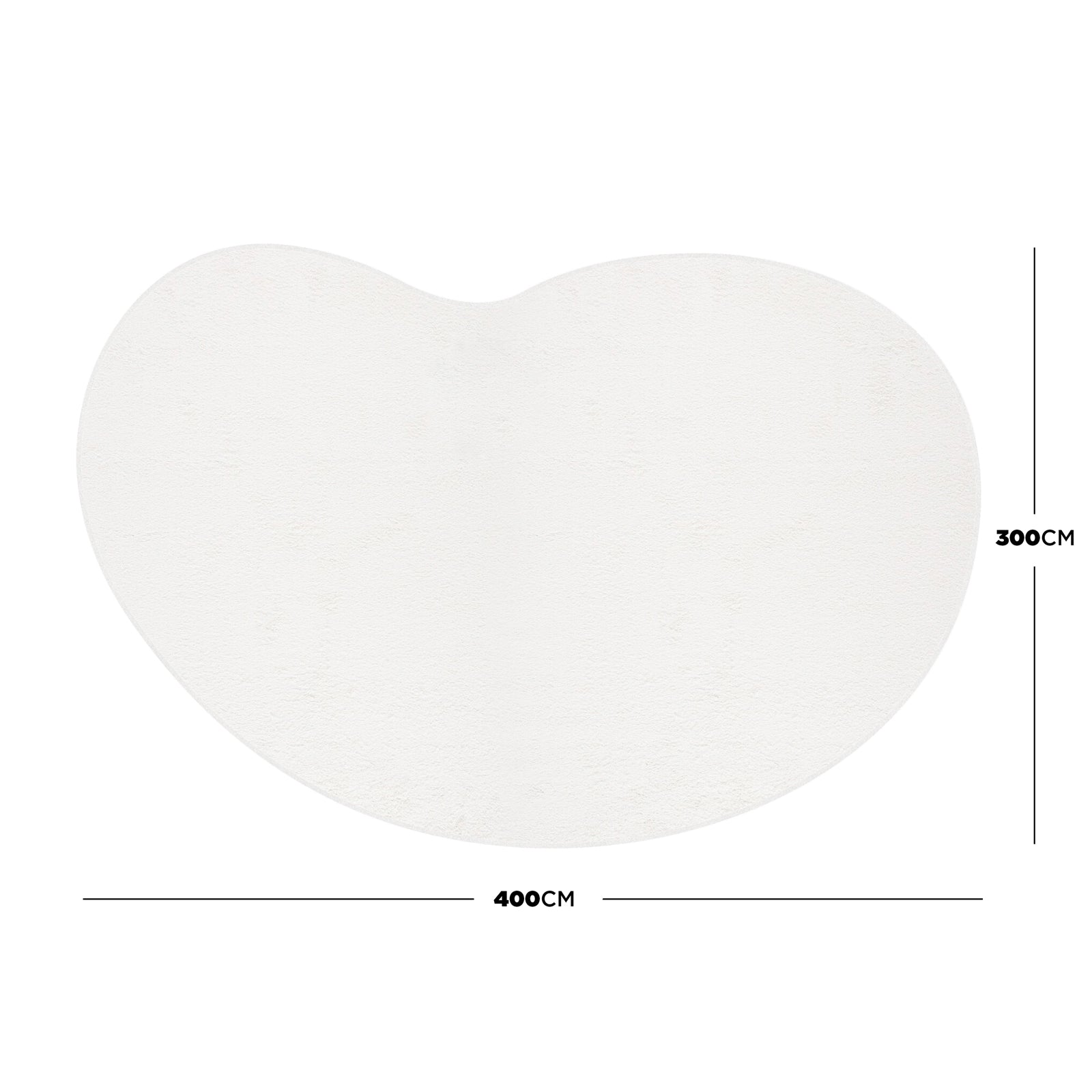Parna Curved 300x400cm Large Shag Rug in Cream White, bean-shaped with dimension lines, showcasing its expansive size, plush texture, and unique curved design for modern, spacious interiors.
