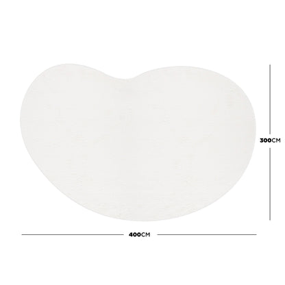 Parna Curved 300x400cm Large Shag Rug in Cream White, bean-shaped with dimension lines, showcasing its expansive size, plush texture, and unique curved design for modern, spacious interiors.