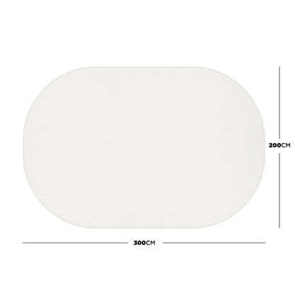 Pavla 200 x 300cm Oval Shaggy Rug in Cream White, featuring a plush, shaggy texture with an oval shape, displayed with dimension lines for size reference against a plain white background.