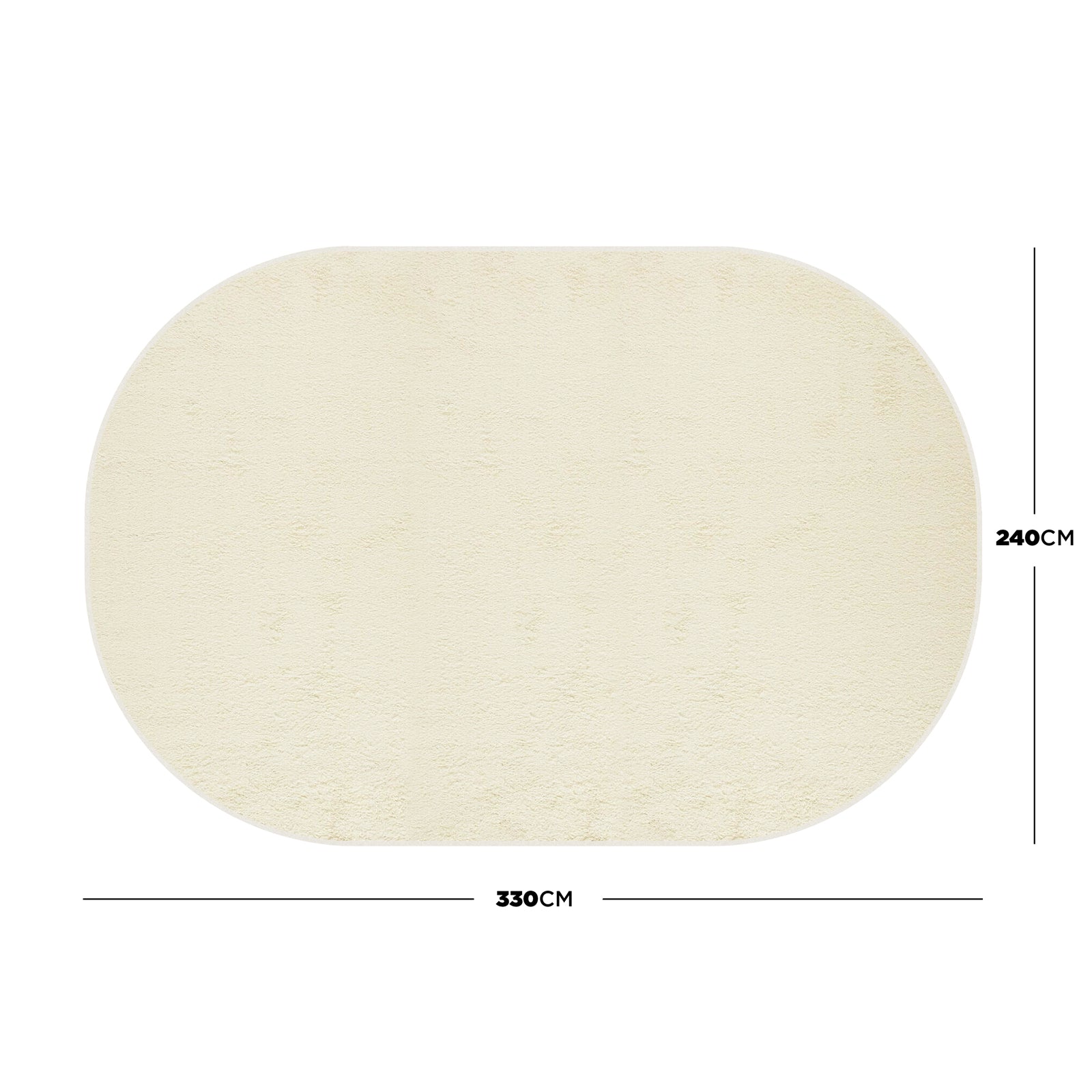 Pavla Oval Shaggy Rug - Beige 240 x 330cm, cream-colored, oval-shaped rug laid flat, showcasing its 330 cm width and 240 cm depth, ideal for cozy, stylish home spaces.