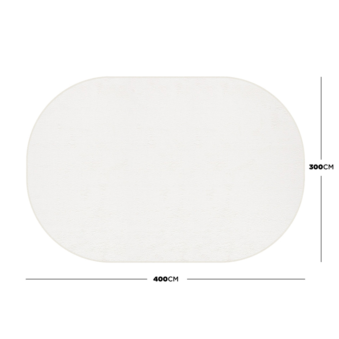 Pavla 300 x 400cm Oval Shaggy Rug in Cream White, featuring smooth, curvy edges, visible dimensions, and a plush, textured surface, laid out on a plain background.