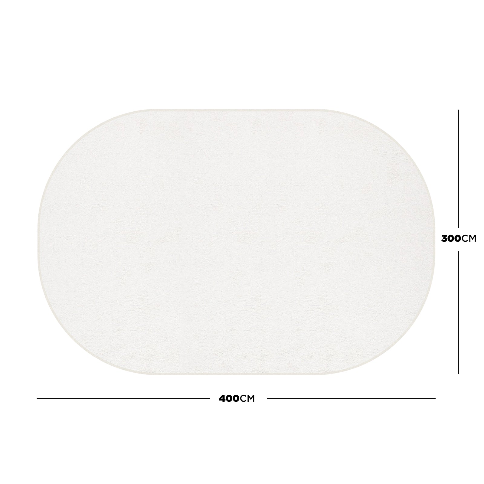 Pavla 300 x 400cm Oval Shaggy Rug in Cream White, featuring smooth, curvy edges, visible dimensions, and a plush, textured surface, laid out on a plain background.