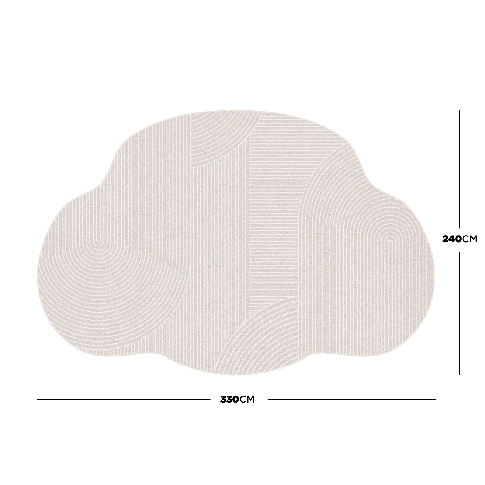 Penina 240 x 330cm Cloud Shaggy Rug in Neutral, featuring a pale tone with concentric arcs and stripes, offering a plush, cloud-like texture suitable for diverse interior styles.