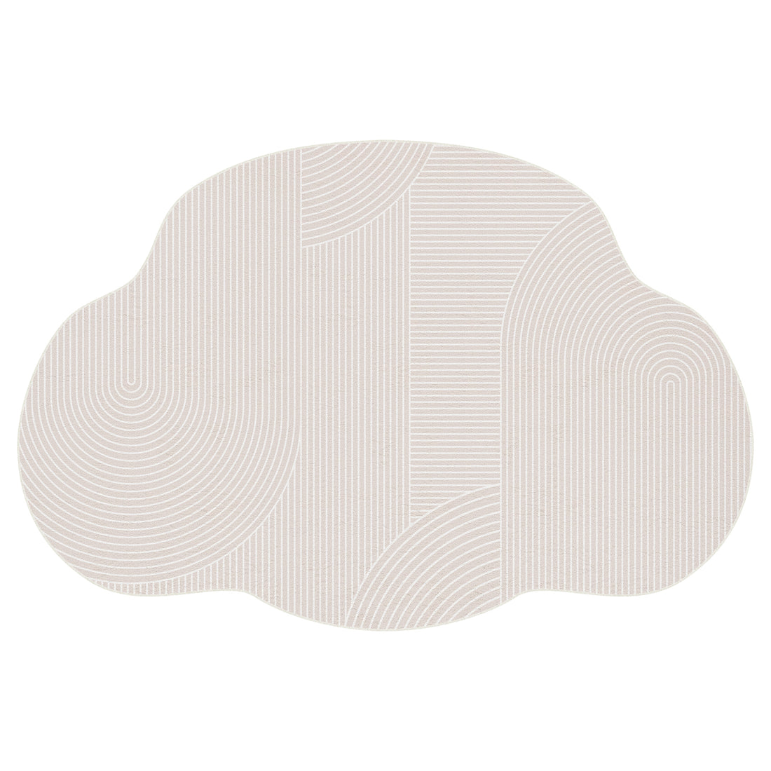 Penina 300 x 400cm Cloud Shaggy Rug in Neutral features a cloud-shaped, light beige form with fine white line patterns, creating semi-circles and stripes across its surface, offering a minimalist geometric look.