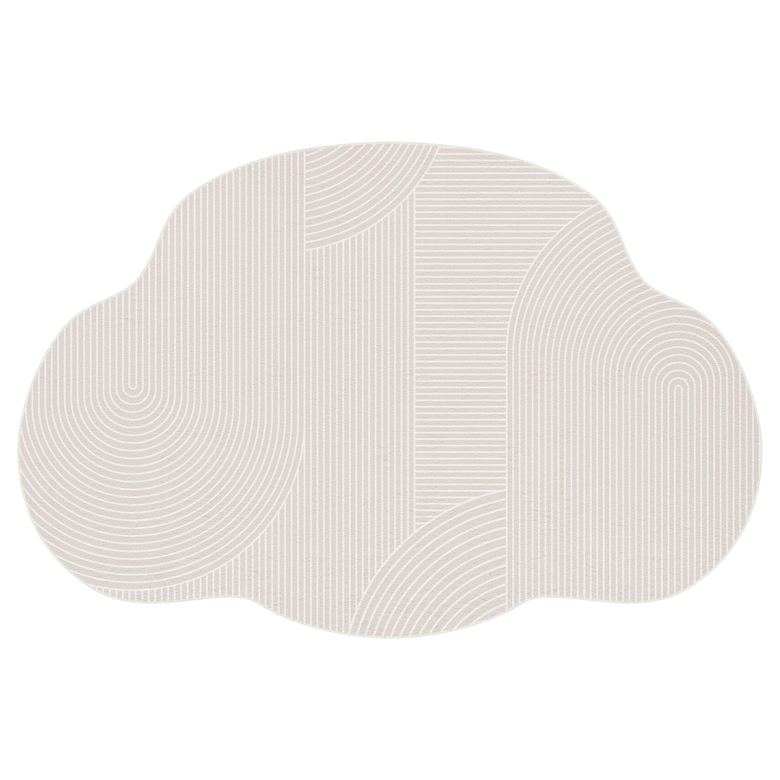 Penina 300 x 400cm Cloud Shaggy Rug in Neutral features a cloud-shaped, light beige form with fine white line patterns, creating semi-circles and stripes across its surface, offering a minimalist geometric look.