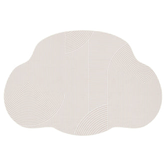 Penina 300 x 400cm Cloud Shaggy Rug in Neutral features a cloud-shaped, light beige form with fine white line patterns, creating semi-circles and stripes across its surface, offering a minimalist geometric look.