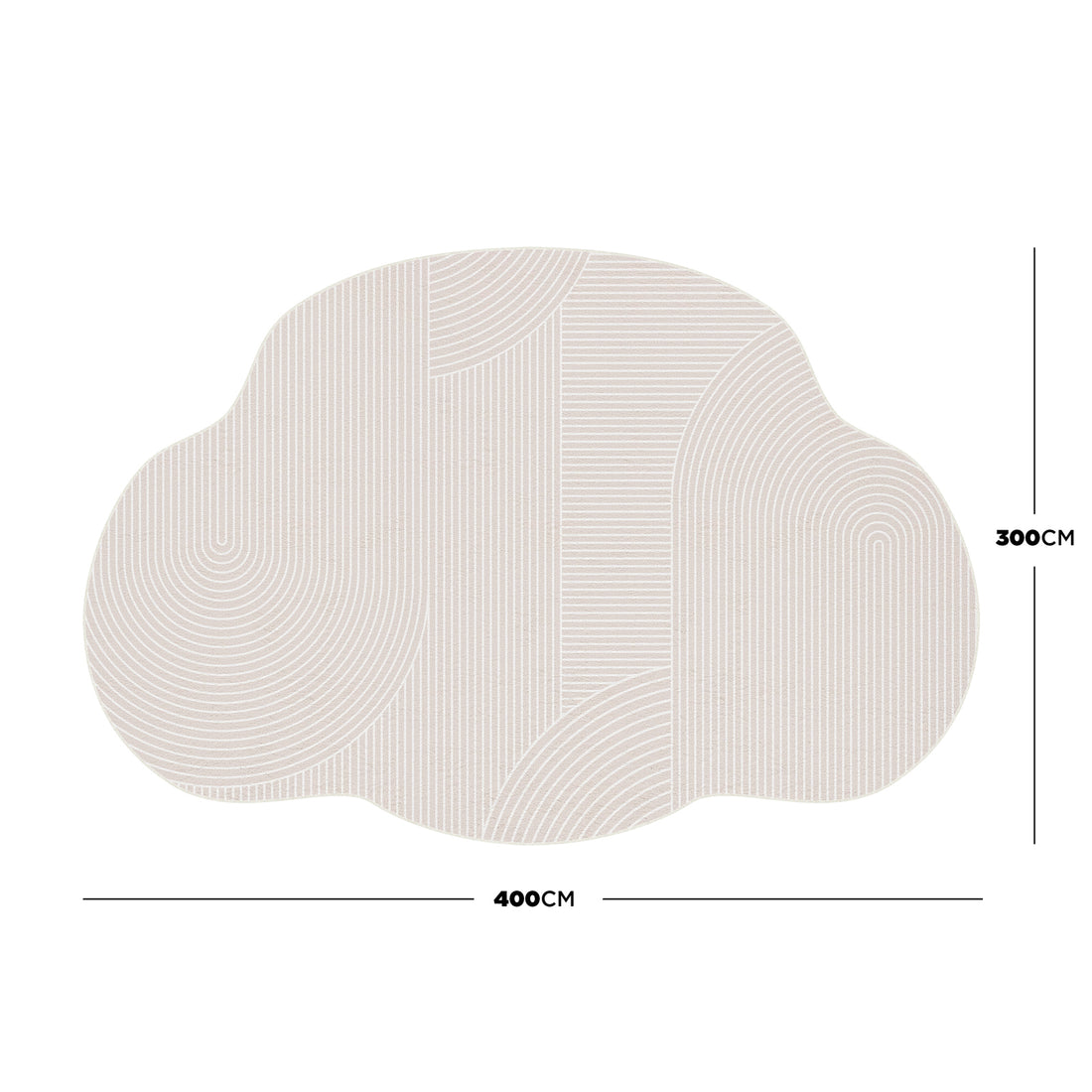 Top-down illustration of the Penina 300 x 400cm Cloud Shaggy Rug in Neutral, showcasing its cloud shape with fine geometric patterns, emphasizing its large size and soft, rounded edges.