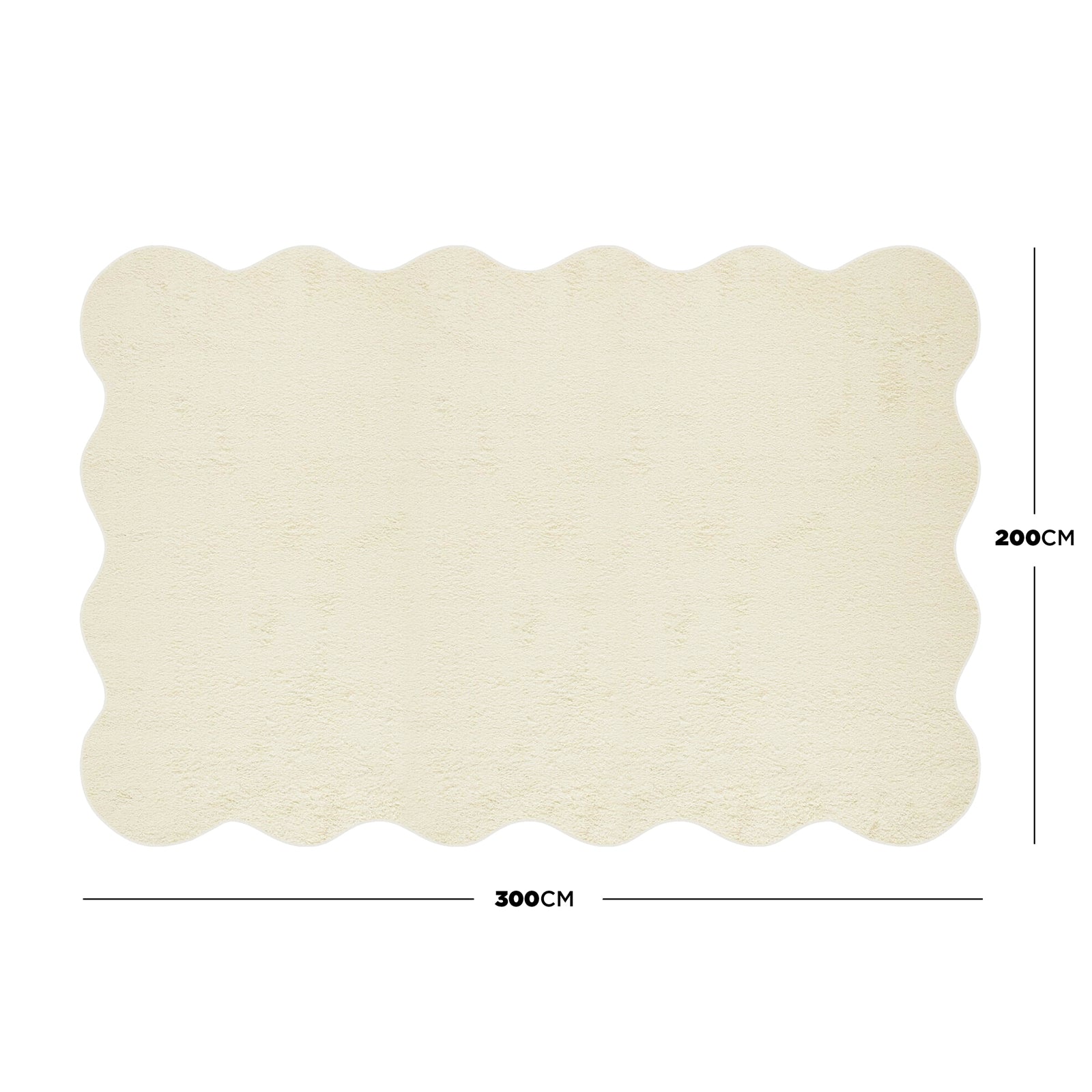 Pixie 200x300cm Large Wavy Shag Rug in Beige features a cream-colored surface with scalloped edges, offering a plush, wool-like texture and durable construction for stylish, comfortable living spaces.
