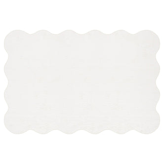 Pixie 200x300cm Large Wavy Shag Rug in Cream White, featuring scalloped edges and a plush texture, displayed on a white background, highlighting its stylish wavy design and soft, inviting appearance.