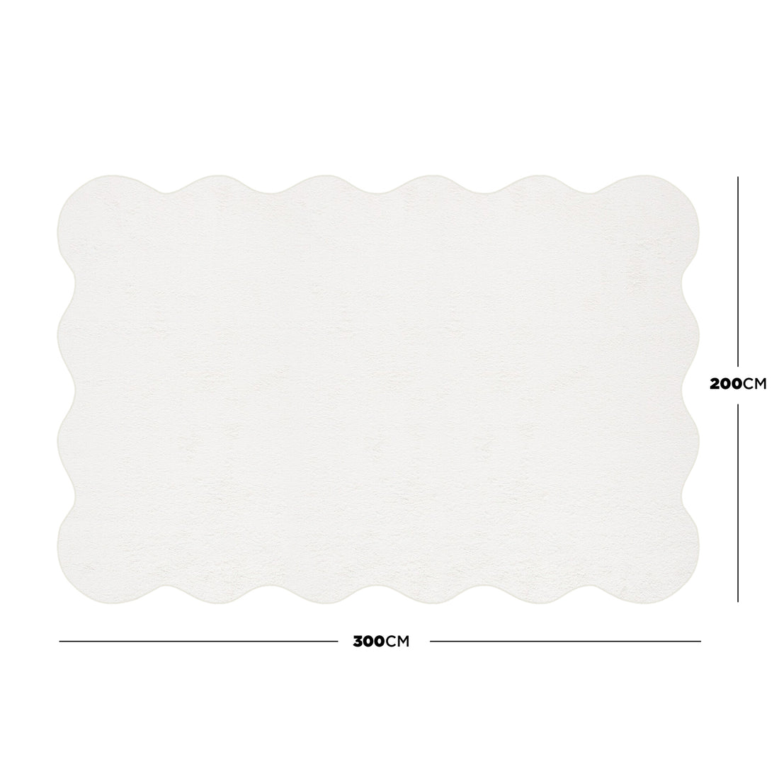 Pixie 200x300cm Large Wavy Shag Rug in Cream White features a scalloped border. Labeled lines indicate dimensions: 300 cm wide, 200 cm high, highlighting its large size and elegant design.