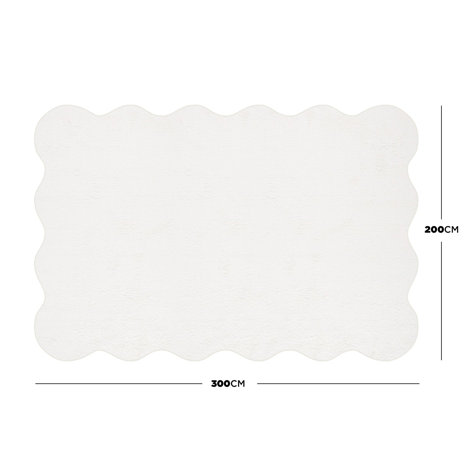 Pixie 200x300cm Large Wavy Shag Rug in Cream White features a scalloped border. Labeled lines indicate dimensions: 300 cm wide, 200 cm high, highlighting its large size and elegant design.