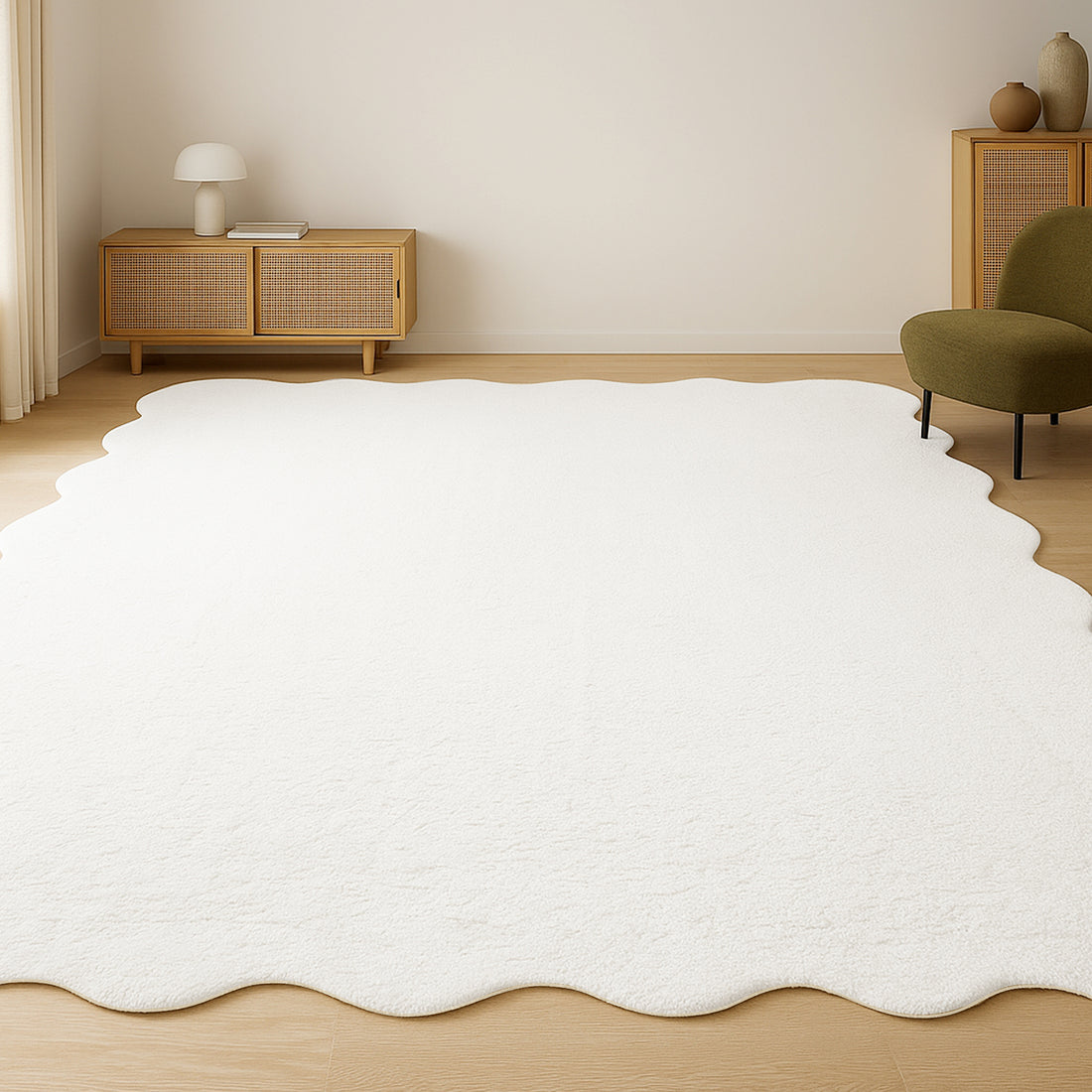 Pixie 200x300cm Large Wavy Shag Rug in Cream White, featuring an irregular scalloped design, covers the light wood floor, enhancing the minimalist living area's modern aesthetic with its plush, textured appearance.