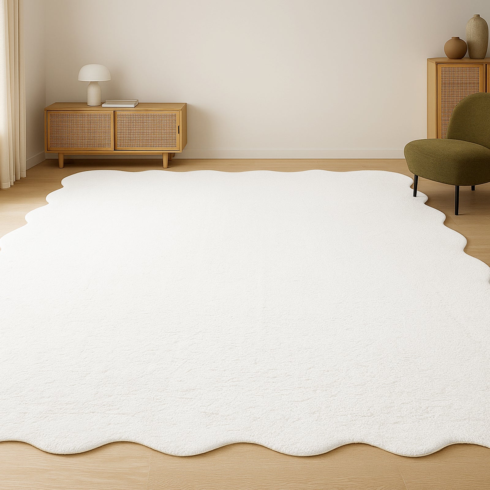 Pixie 200x300cm Large Wavy Shag Rug in Cream White, featuring an irregular scalloped design, covers the light wood floor, enhancing the minimalist living area's modern aesthetic with its plush, textured appearance.