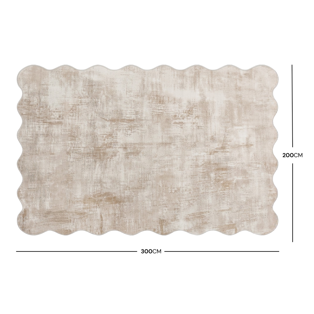 Scalloped-edge rug with 200 by 300 centimeter dimensions labeled