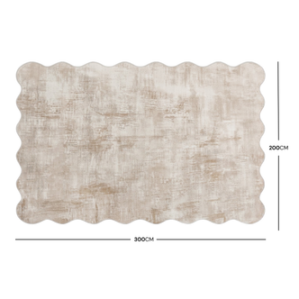 Scalloped-edge rug with 200 by 300 centimeter dimensions labeled