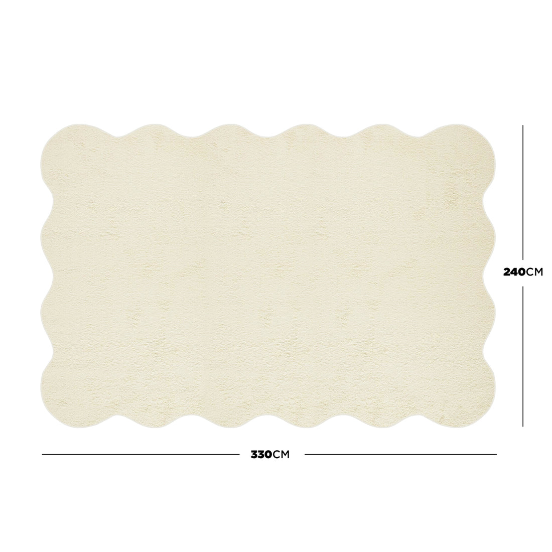 Pixie 240x330cm Wavy Large Shag Rug in Beige, featuring a cream-coloured surface with scalloped edges, plush 12mm high pile, and anti-slip backing, ideal for enhancing medium to large room décors.