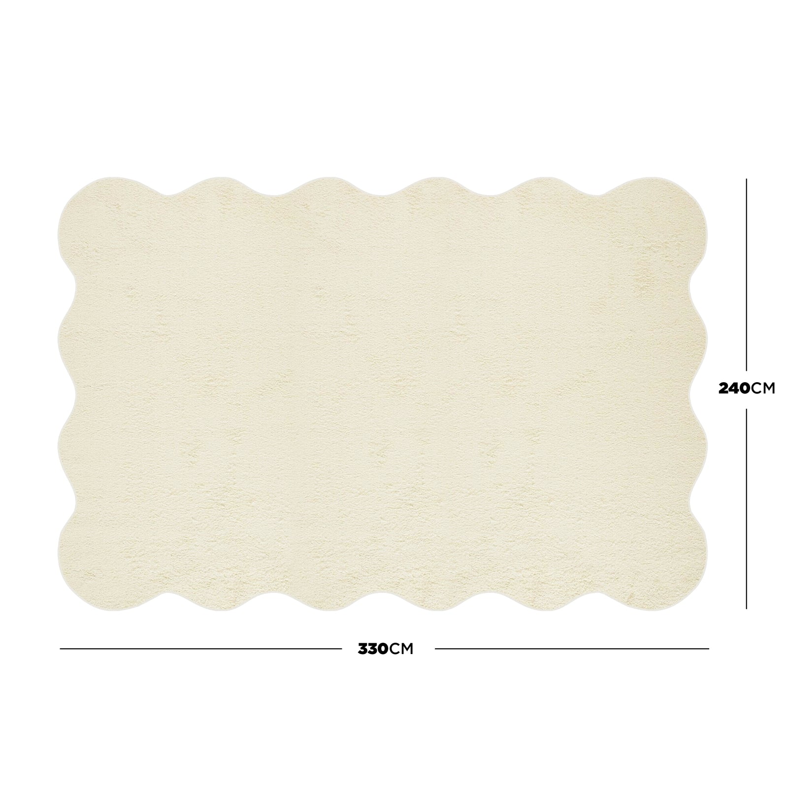 Pixie 240x330cm Wavy Large Shag Rug in Beige, featuring a cream-coloured surface with scalloped edges, plush 12mm high pile, and anti-slip backing, ideal for enhancing medium to large room décors.