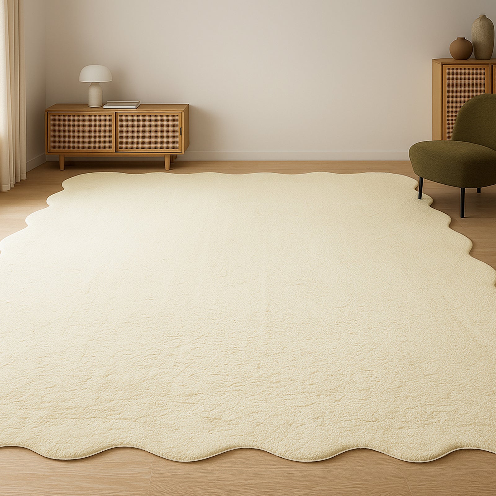 Pixie 240x330cm Wavy Large Shag Rug in Beige lies on light wood flooring, featuring undulating edges. It complements a minimalist setting with a mid-century sideboard and an olive-green lounge chair.