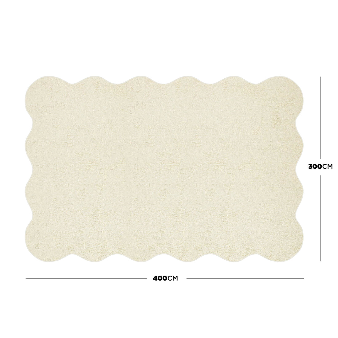 Pixie 300x400cm Large Wavy Shaggy Rug in Beige with scalloped edges, featuring dimension lines indicating a width of 400 cm and height of 300 cm, showcasing its expansive size.