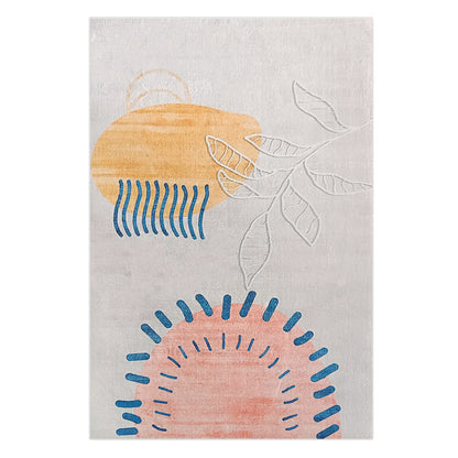 Rokke 160x230cm Kids Modern Abstract Indoor Floor Rug features a golden-orange oval, blue strokes, gray vine, and coral sunburst, creating a contemporary, artistic design perfect for children’s spaces.