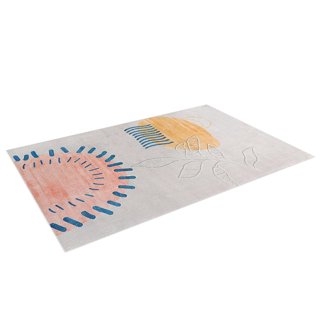 Rokke 160x230cm Kids Modern Abstract Indoor Floor Rug features a light gray base with pastel sun-like shapes and embossed leaf motifs, ideal for enhancing playful yet stylish children's spaces.