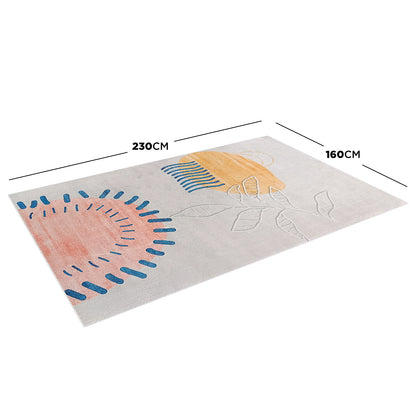 Rokke 160x230cm Kids Modern Abstract Indoor Floor Rug featuring a light-neutral background with embossed branch-leaf designs, warm peach-pink and mustard-yellow abstract shapes, and blue stripe accents.