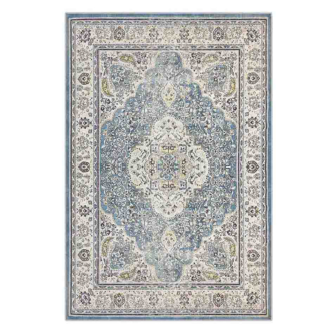 Close-up of the Roshni Distressed Persian Silky Rug 120x170cm showcasing intricate ivory and blue floral medallion design, embodying a vintage distressed look with a luxurious, soft texture.