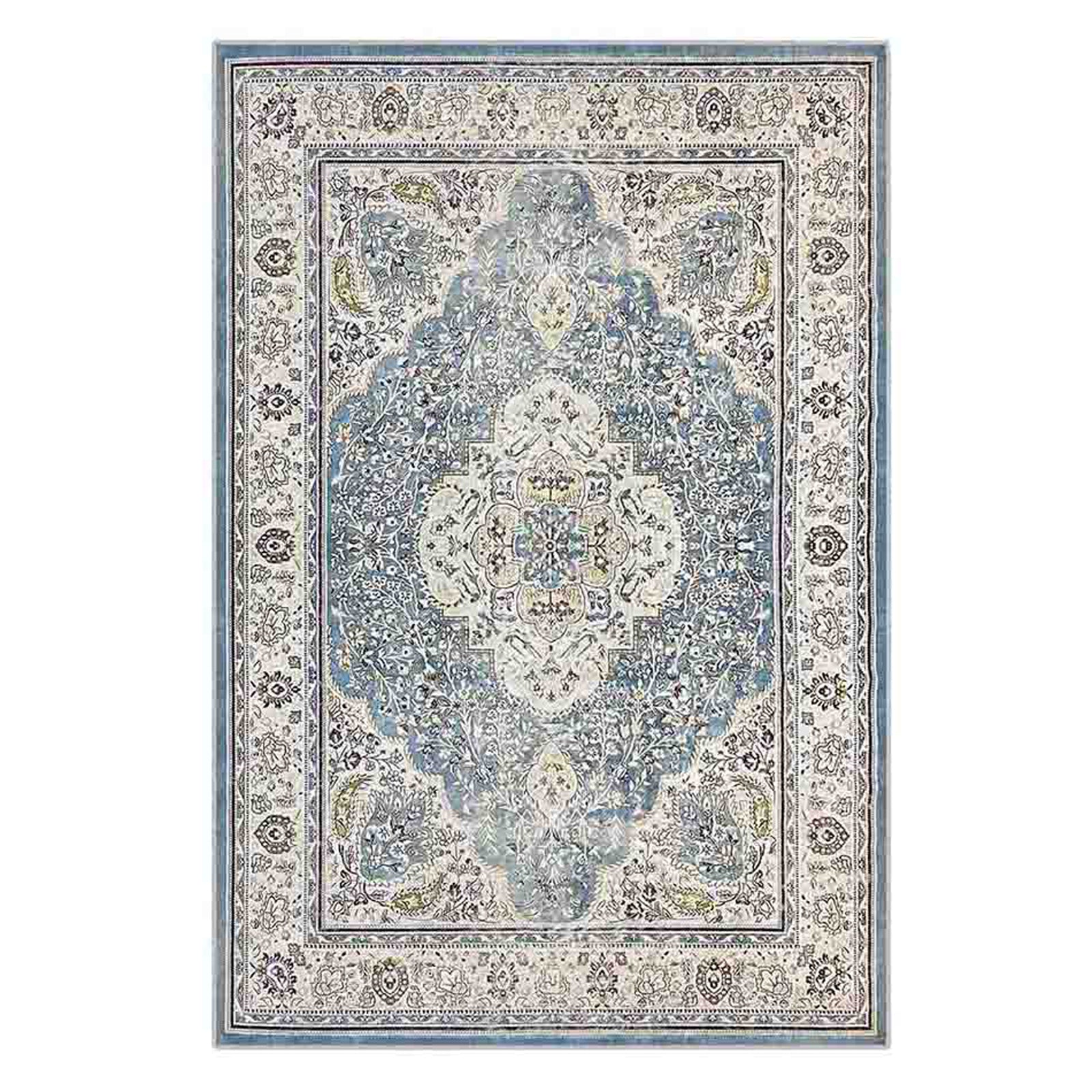 Close-up of the Roshni Distressed Persian Silky Rug 120x170cm showcasing intricate ivory and blue floral medallion design, embodying a vintage distressed look with a luxurious, soft texture.