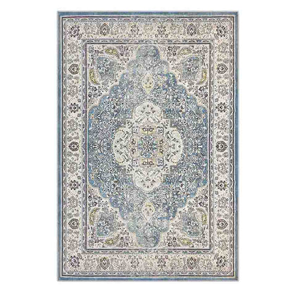 Close-up of the Roshni Distressed Persian Silky Rug 120x170cm showcasing intricate ivory and blue floral medallion design, embodying a vintage distressed look with a luxurious, soft texture.