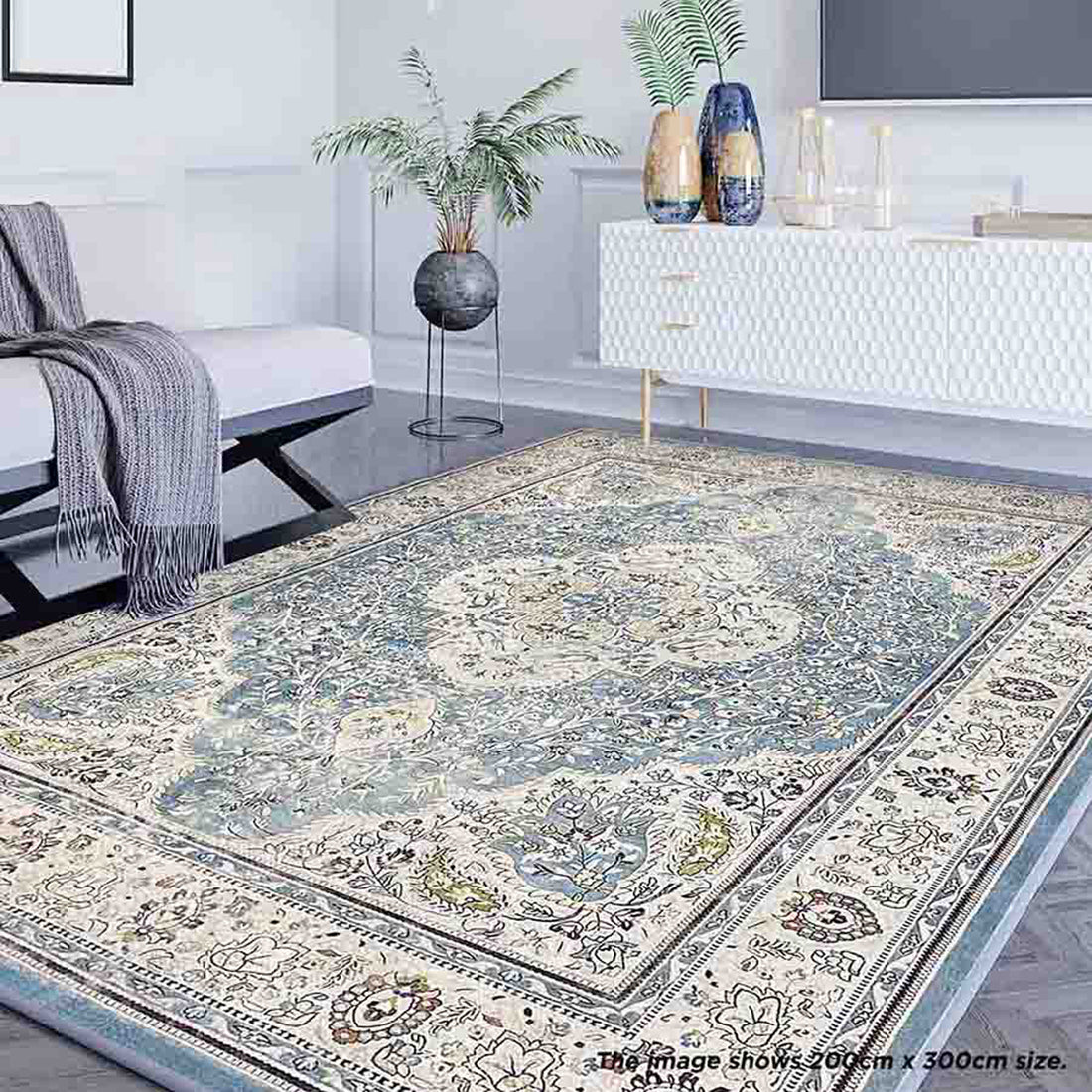 Roshni Distressed Persian Silky Rug 120x170cm showcases intricate floral medallion detailing, ideal for elevating interior spaces with its vintage feel and luxurious texture, perfect for bedrooms or living rooms.