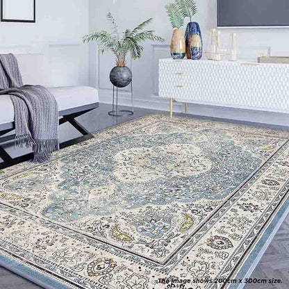 Roshni Distressed Persian Silky Rug 120x170cm showcases intricate floral medallion detailing, ideal for elevating interior spaces with its vintage feel and luxurious texture, perfect for bedrooms or living rooms.