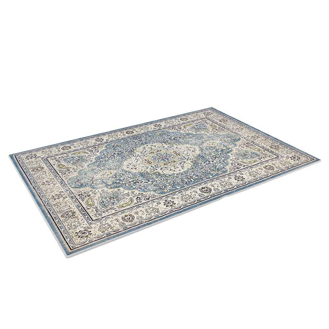 Roshni Distressed Persian Silky Rug 120x170cm, showcasing a detailed floral medallion design with a vintage distressed finish, ideal for enhancing bedroom or living room aesthetics with its soft texture.
