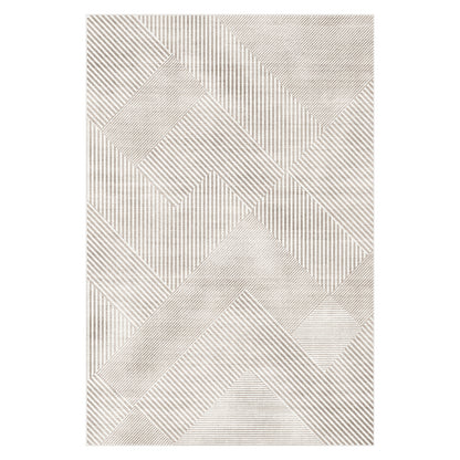 Rosson 160x230cm Medium Modern Abstract Indoor Rug featuring an intricate geometric pattern with various shapes and thin stripes, creating a dynamic texture. The design showcases alternating stripe directions across a neutral two-tone palette.