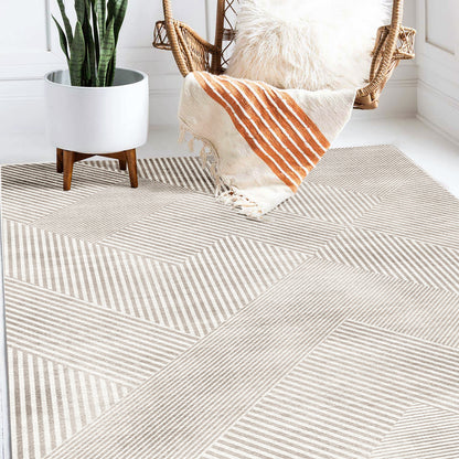 Rosson 160x230cm Medium Modern Abstract Indoor Rug features a neutral geometric stripe pattern on a light floor, enhancing the room's warmth with its minimalist design and complementing the rattan chair and snake plant.