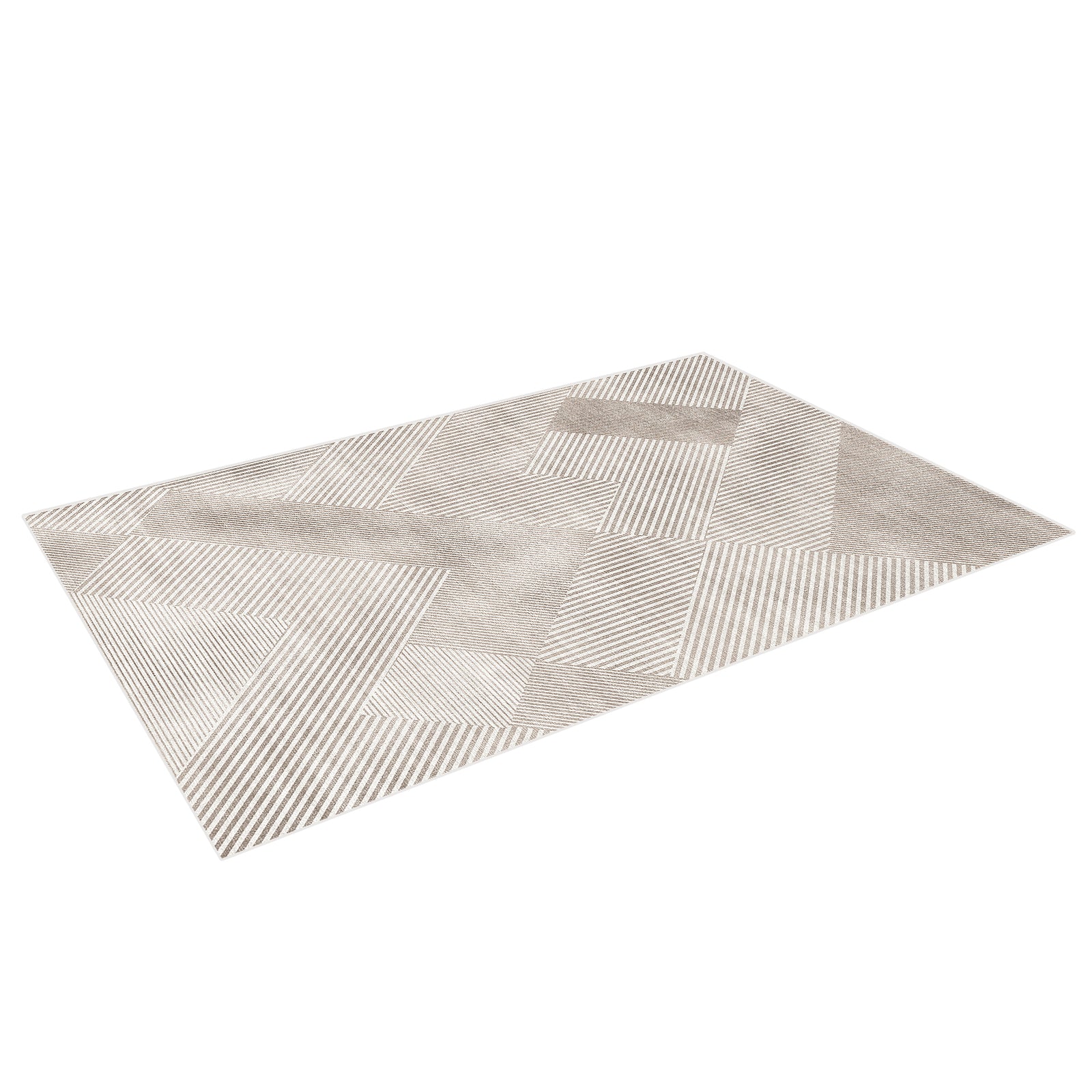 Rosson 160x230cm Medium Modern Abstract Indoor Rug with geometric pattern of angled beige and off-white stripes, laid on a white background, showcasing its contemporary design and subtle elegance.