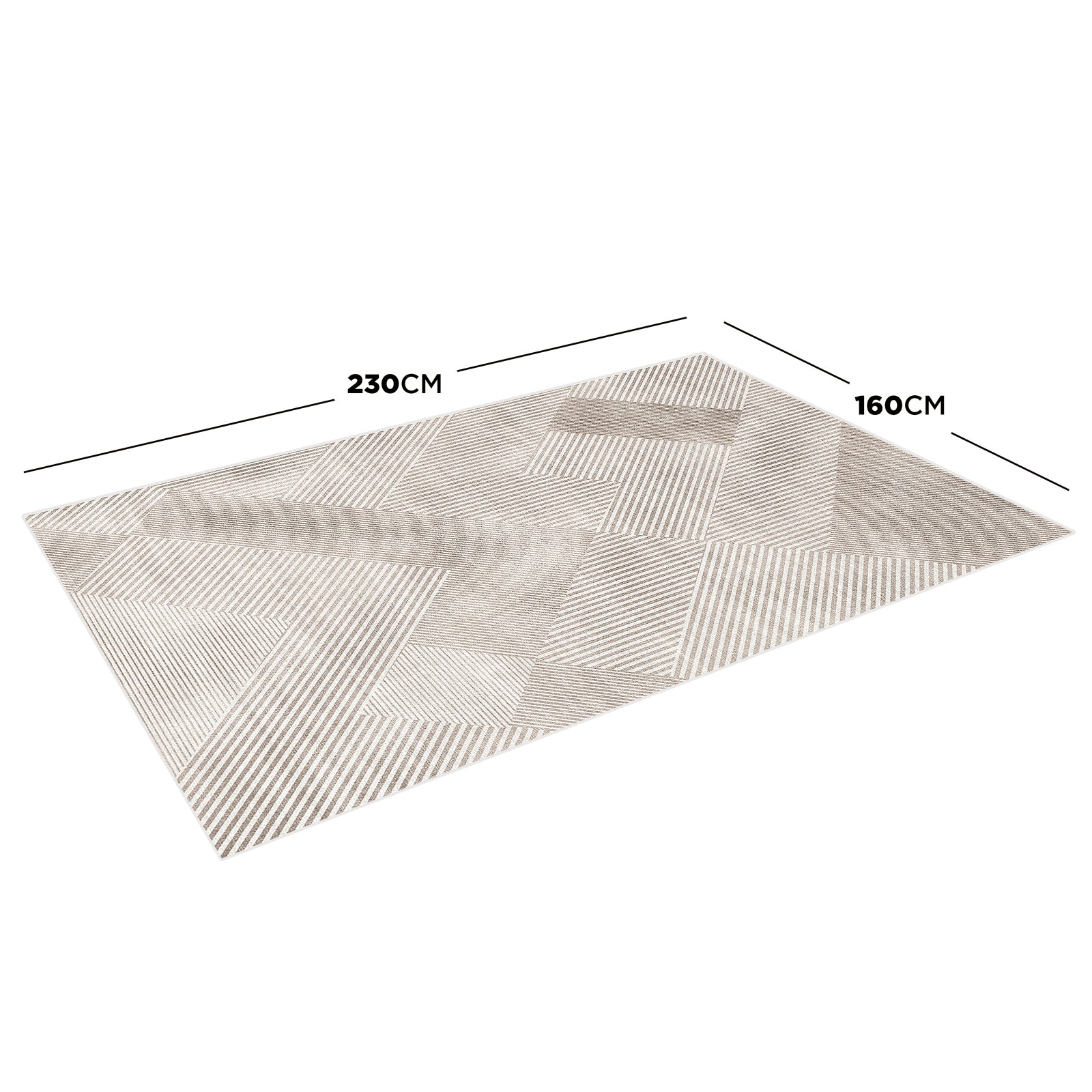 Rosson 160x230cm Medium Modern Abstract Indoor Rug with beige-and-cream geometric pattern, featuring diagonal stripes. Laid flat, dimensions highlighted: 230 cm length, 160 cm width, against a white background.