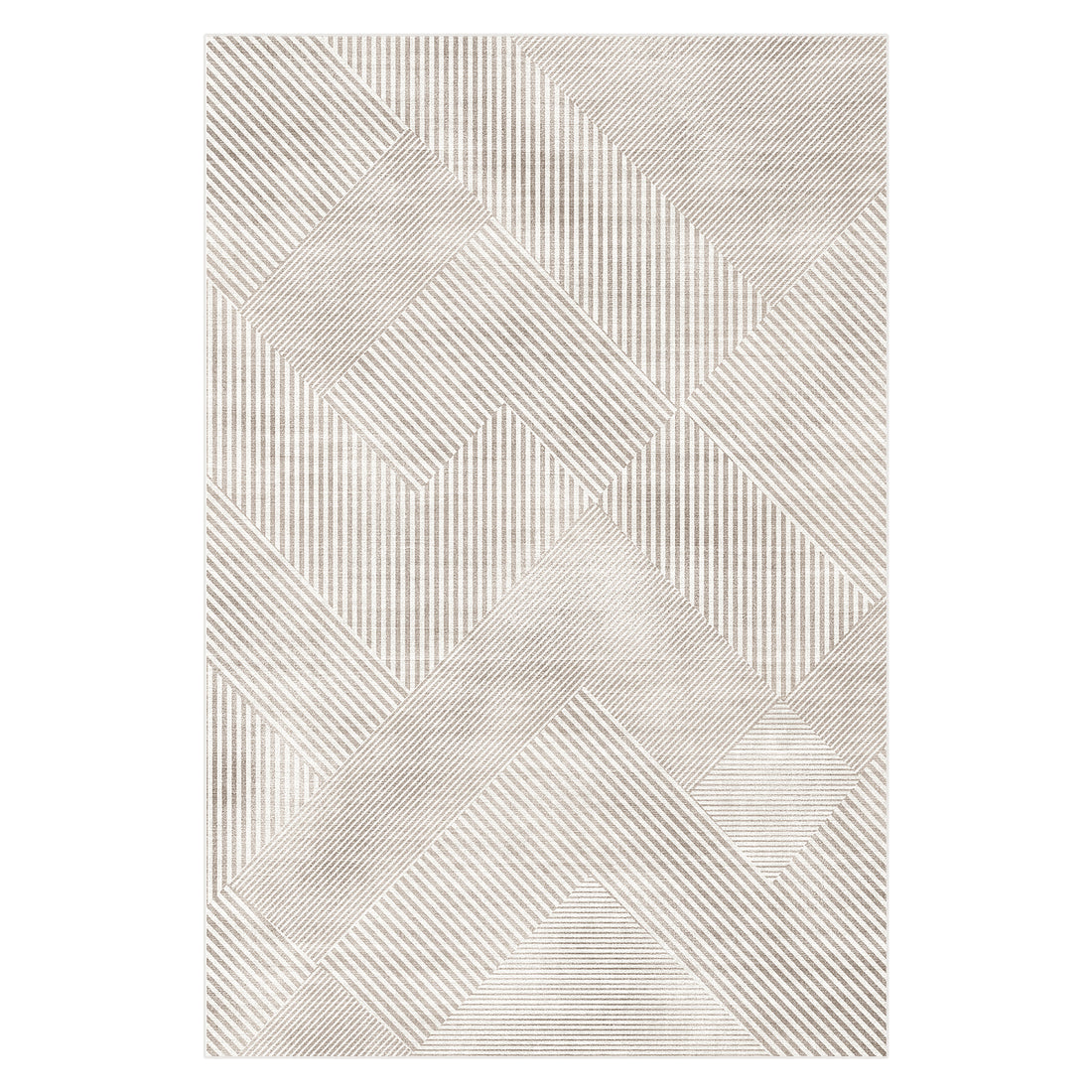 Rosson 200x300cm Large Modern Abstract Indoor Rug featuring a patchwork of geometric patterns with narrow, differently oriented stripes, showcasing rectangles, parallelograms, and triangles in a neutral beige palette.