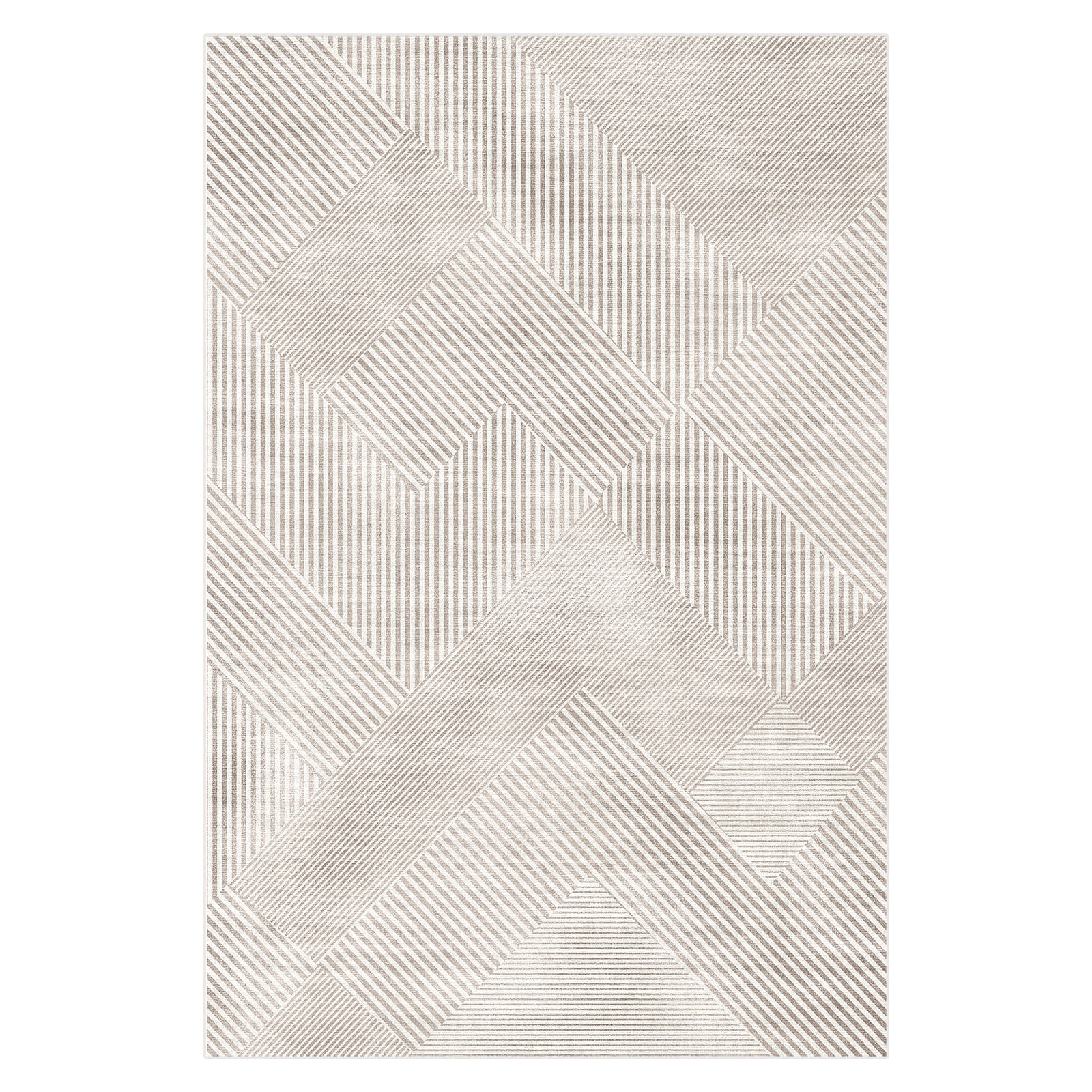 Rosson 200x300cm Large Modern Abstract Indoor Rug featuring a patchwork of geometric patterns with narrow, differently oriented stripes, showcasing rectangles, parallelograms, and triangles in a neutral beige palette.
