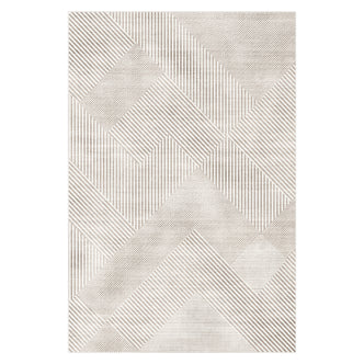 Rosson 200x300cm Large Modern Abstract Indoor Rug featuring a patchwork of geometric patterns with narrow, differently oriented stripes, showcasing rectangles, parallelograms, and triangles in a neutral beige palette.